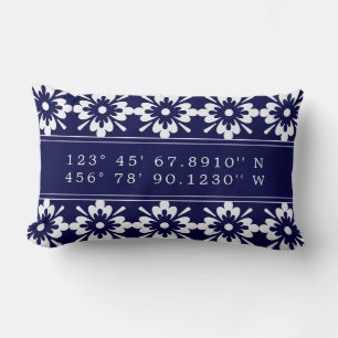 Navy Blue & White   Custom Map Coordinates Lumbar Cushion