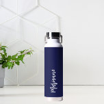 Navy blue white custom name script water bottle<br><div class="desc">Navy blue background.  Personalise and add your name.   White coloured handwritten style script.</div>