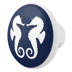 Navy Blue & White Cute Sea Horses Illustration Ceramic Knob