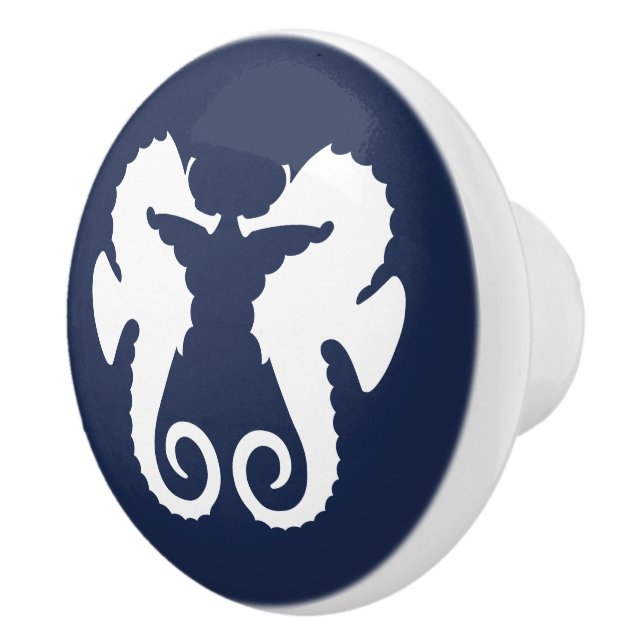 Navy Blue & White Cute Sea Horses Illustration Ceramic Knob (Right)