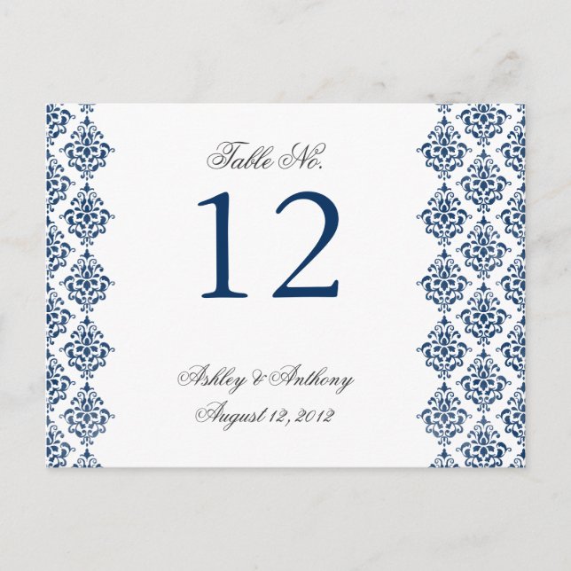 Navy Blue White Damask Arabesque Table Number Card (Front)
