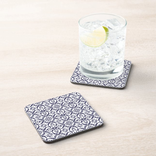 Navy Blue & White Damask Cork Coasters (Right Side)