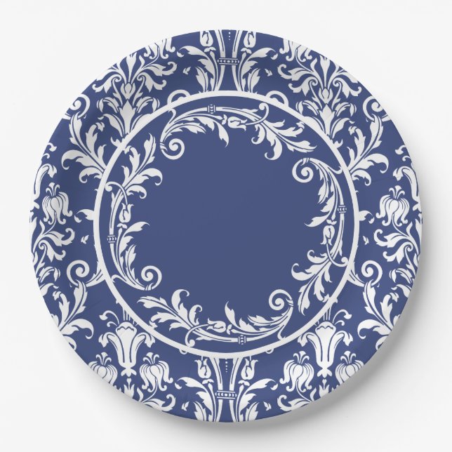 Navy Blue White Damask Floral Swirls Sophisticated Paper Plate (Front)