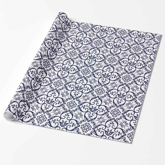 Navy Blue & White Damask Gift Wrap (Unrolled)