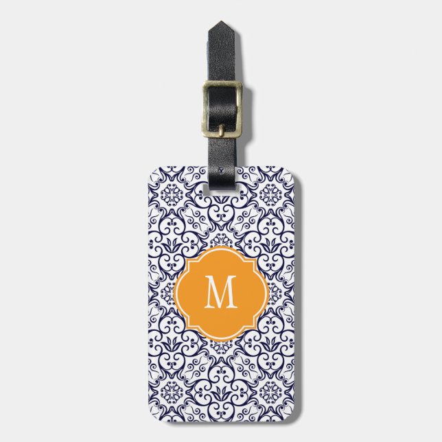 Navy Blue & White Damask Monogram Luggage Tag (Front Vertical)