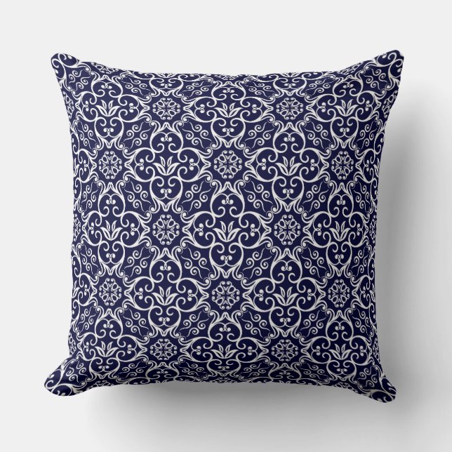 Navy Blue & White Damask Pillow (Front)