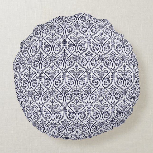 Navy Blue & White Damask Round Pillow (Back)