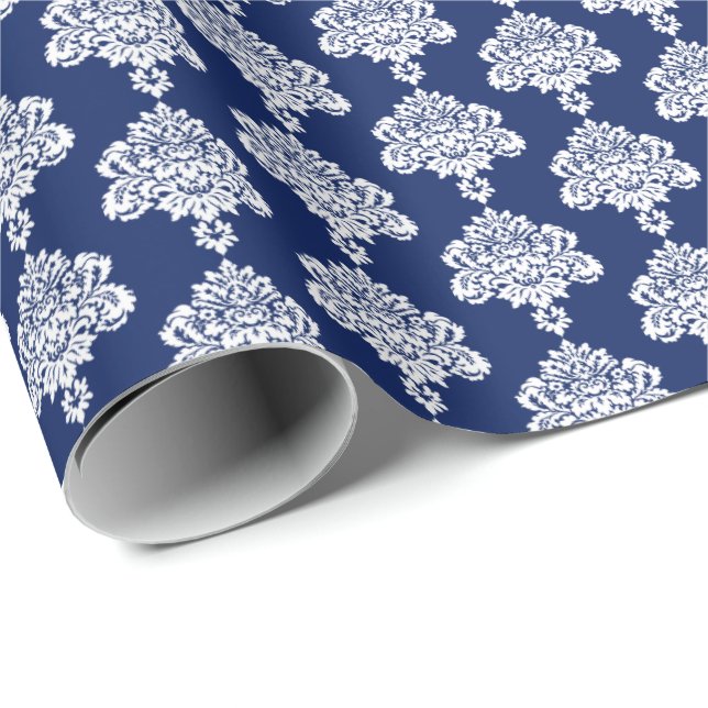 Navy Blue | White Damask Wrapping Paper (Roll Corner)