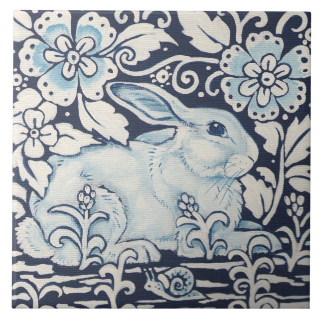 Navy Blue White Decor Rabbit, Garden Flowers Snail Tile (Front)