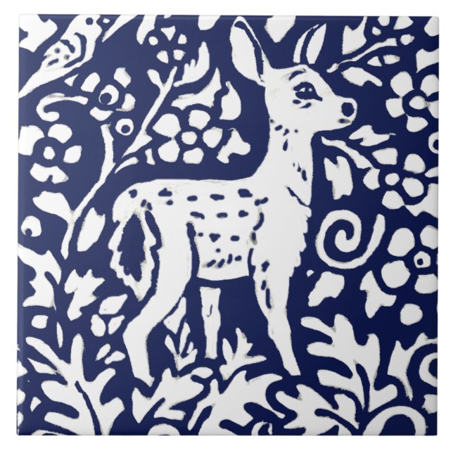 Navy Blue White Deer Fawn Woodland Animal Trivet (Front)