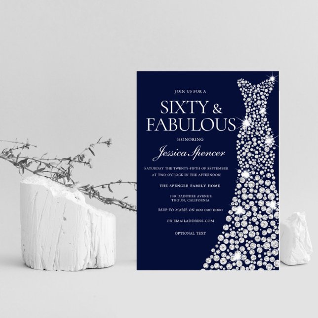 Navy Blue White Diamond Dress 60TH birthday Party Invitation (Creator Uploaded)