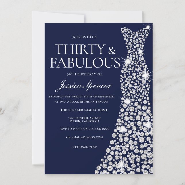 Navy Blue White Dress 30th Fabulous Birthday Party Invitation (Front)