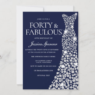 Navy Blue White Dress 40th Fabulous Birthday Party Invitation