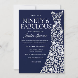 Navy Blue White Dress 90th Fabulous Birthday Party Invitation