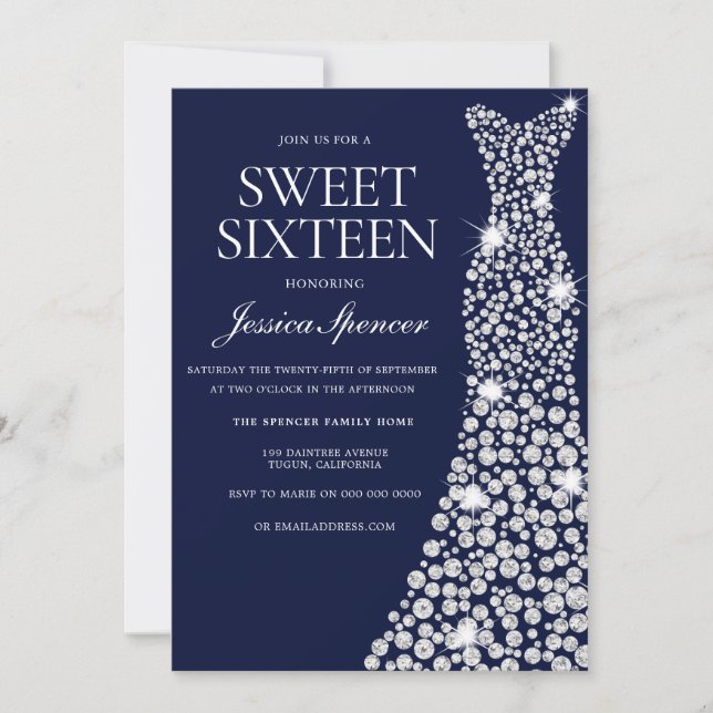 Navy Blue White Dress Sweet 16 Invite (Front)