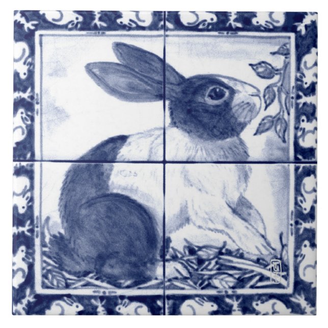 Navy Blue White Dutch Rabbit Dedham Delft Mural Tile (Front)