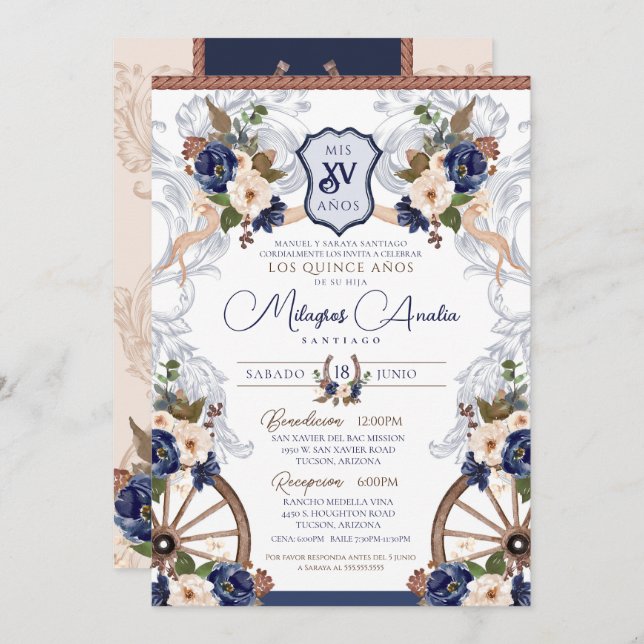 Navy Blue White Elegant Baroque Charro Quinceanera Invitation (Front/Back)
