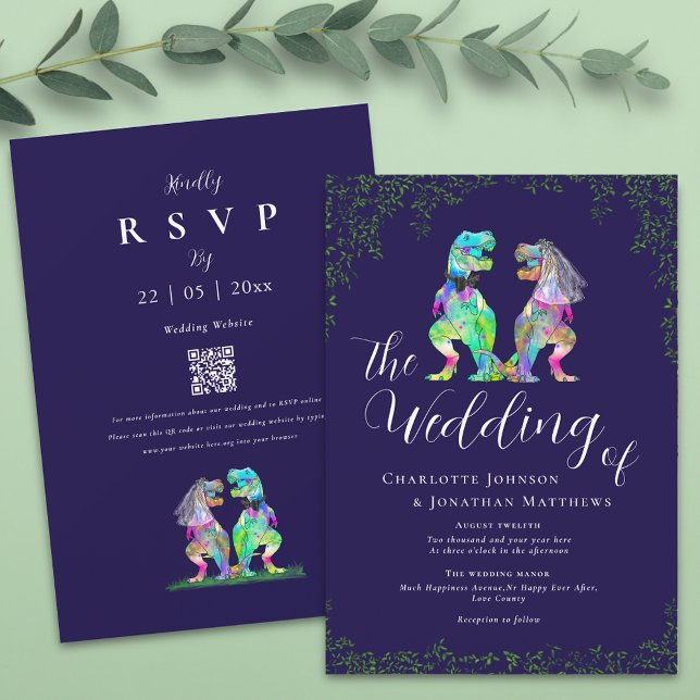 Navy Blue & White Elegant Dinosaur Wedding QR Code Invitation (Navy blue colorful T-Rex bride and groom dinosaur wedding qr code invitation Elegant script )