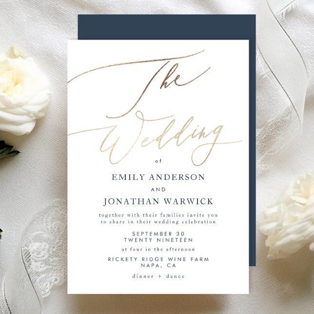 Navy Blue White Elegant Faux Gold The Wedding Invitation (Creator Uploaded)