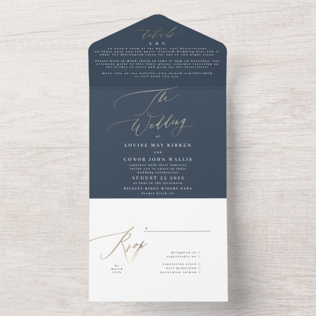 Navy Blue White Elegant Gold The Wedding All In One Invitation (Inside)