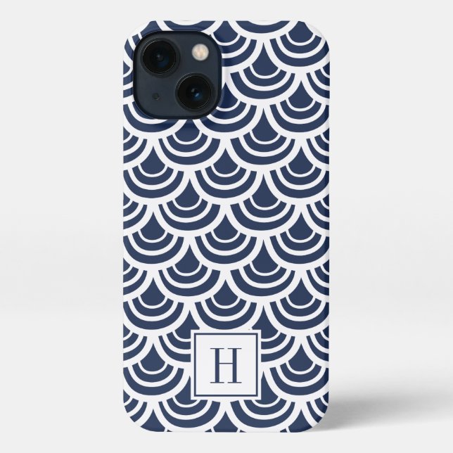 Navy Blue & White Fishscale Pattern Monogram iPhone Case (Back)