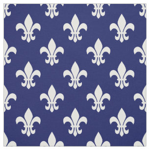 Navy Blue, White Fleur De Lis Pattern Fabric