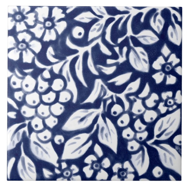 Navy Blue White Floral Berry Berries Leaf Cobalt N Tile (Front)
