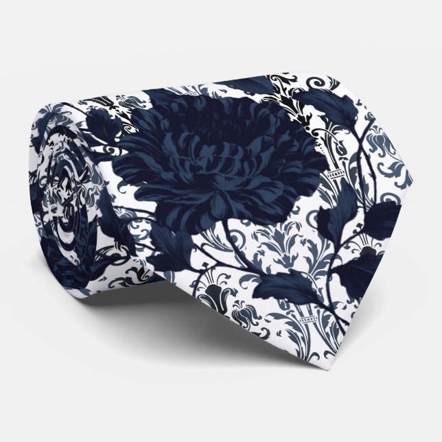 Navy Blue & White Floral Damask Aristocrat Wedding Tie (Rolled)