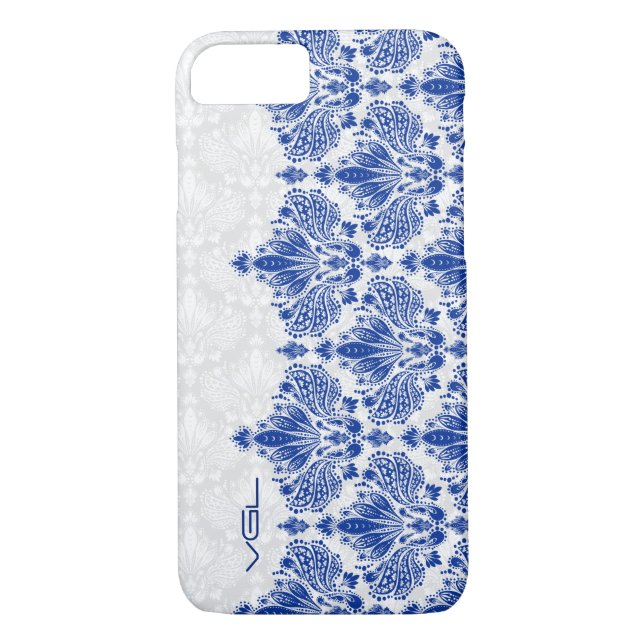 Navy Blue & White Floral Damasks Case-Mate iPhone Case (Back)