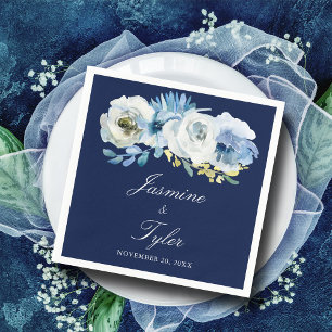 Navy Blue White Floral Elegant Modern Wedding Napkin