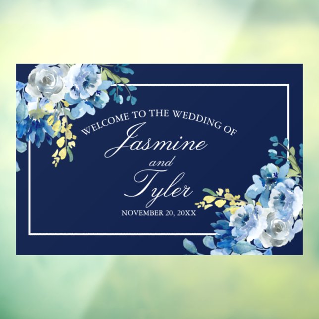 Navy Blue White Floral Elegant Welcome Wedding Window Cling (Sheet 3)