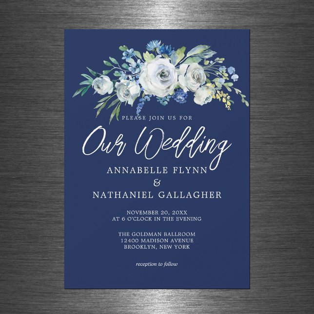 Navy Blue White Floral Elegant Winter Wedding Magnetic Invitation (Creator Uploaded)
