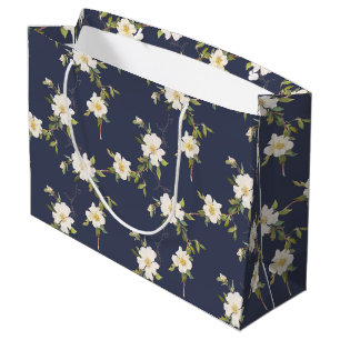 Navy Blue White Floral Large Gift Bag