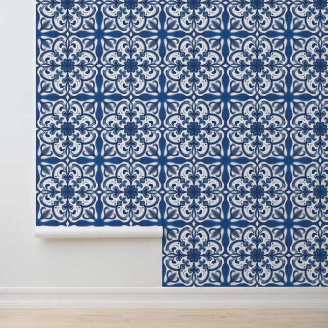 Navy Blue White Floral Mediterranean Tile Pattern  Wallpaper (Application)