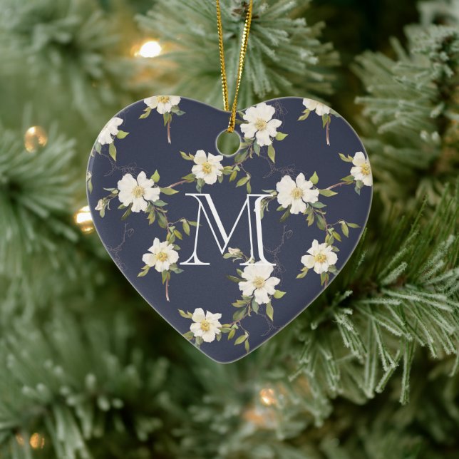 Navy Blue White Floral Monogram Ceramic Tree Decoration (Tree)