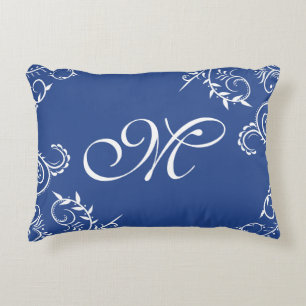 Navy Blue White Floral Monogram Throw Pillow
