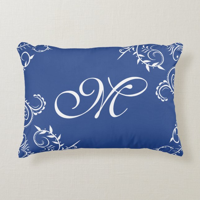 Navy Blue White Floral Monogram Throw Pillow (Front)