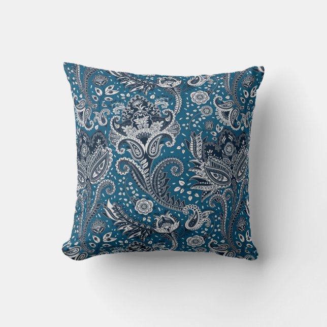 Navy Blue & White Floral Paisley Bohemian Boho Cushion (Front)