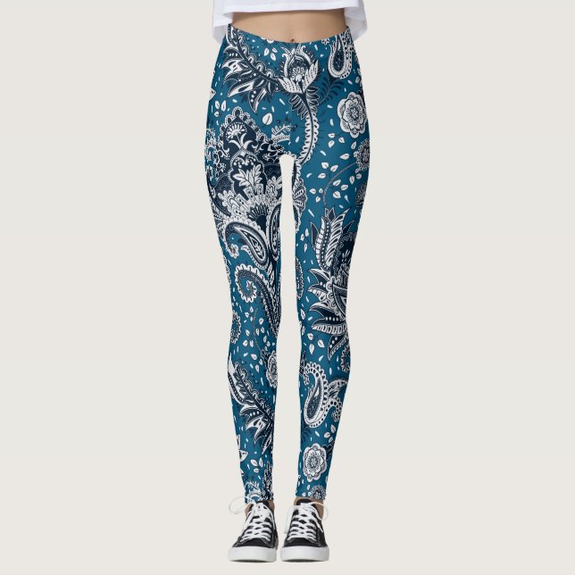 Navy Blue & White Floral Paisley Bohemian Boho Leggings (Front)