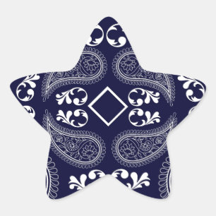 Navy blue white floral paisley design star sticker