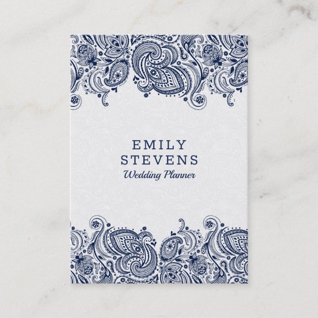 Navy-blue & White Floral Paisley Lace Business Card (Front)