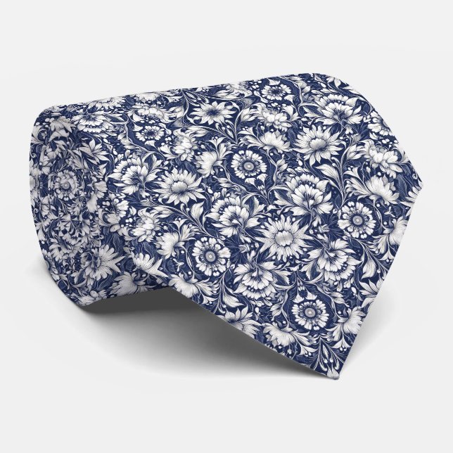 Navy Blue & White Floral Pattern  Tie (Rolled)