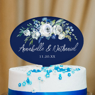 Navy Blue White Floral Personalised Wedding Cake Pick