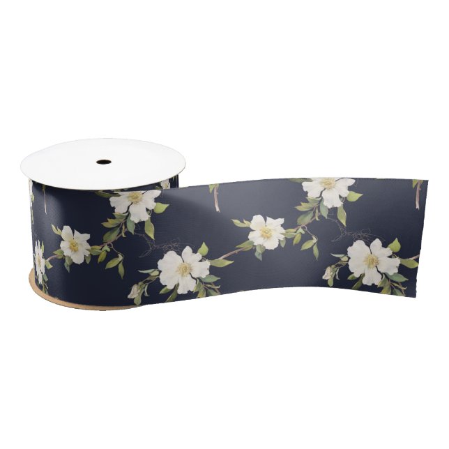 Navy Blue White Floral Satin Ribbon (Spool)