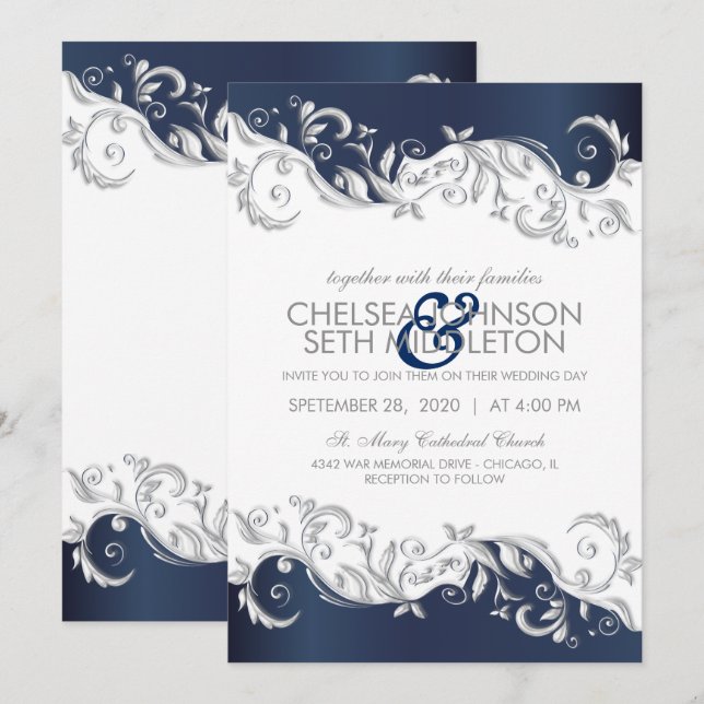 Navy Blue & White Floral Swirls Wedding Invitation (Front/Back)