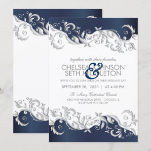 Navy Blue & White Floral Swirls Wedding Invitation