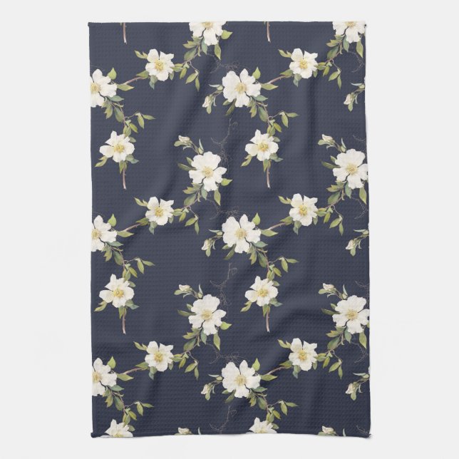 Navy Blue White Floral Tea Towel (Vertical)