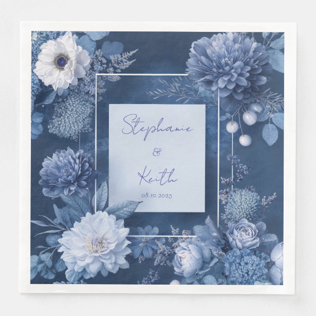 Navy Blue & White Floral Wedding Napkin (Front)