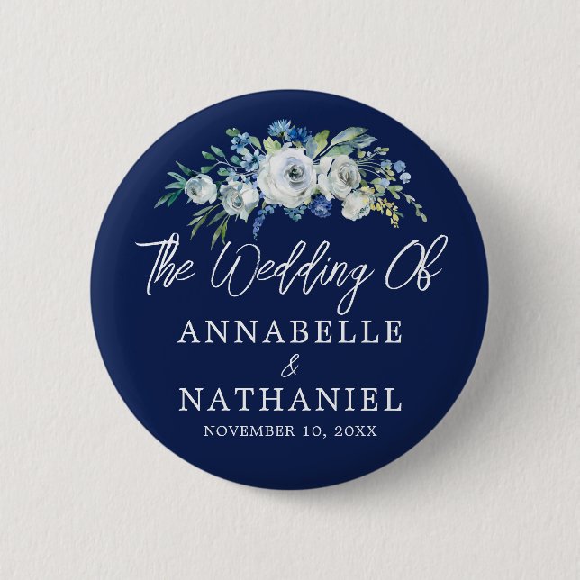 Navy Blue White Floral Wedding Personalised 6 Cm Round Badge (Front)