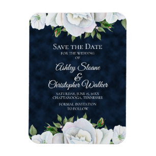 Navy Blue White Floral Wedding Save the Date Magnet